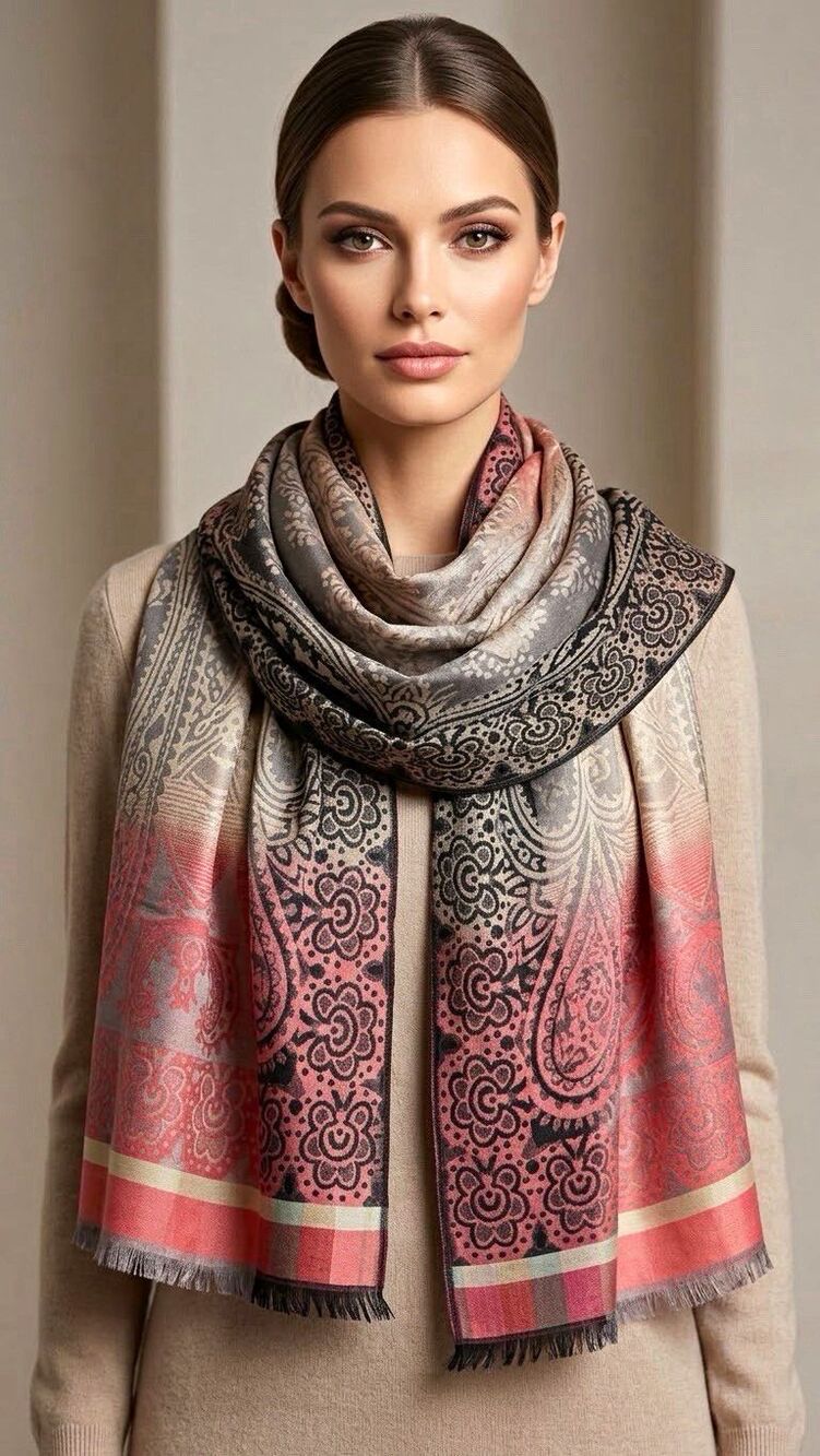 Women’s Pink/Gray/Black Paisley Fringe Rectangle Scarf Woven Viscose/Acrylic
